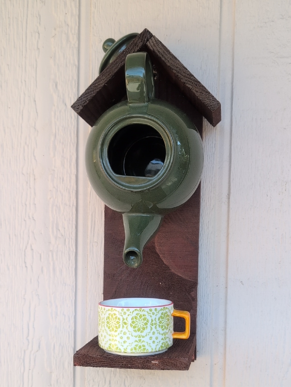 Rustic Wooden Handmade Bird Feeder Teapot Green Tea